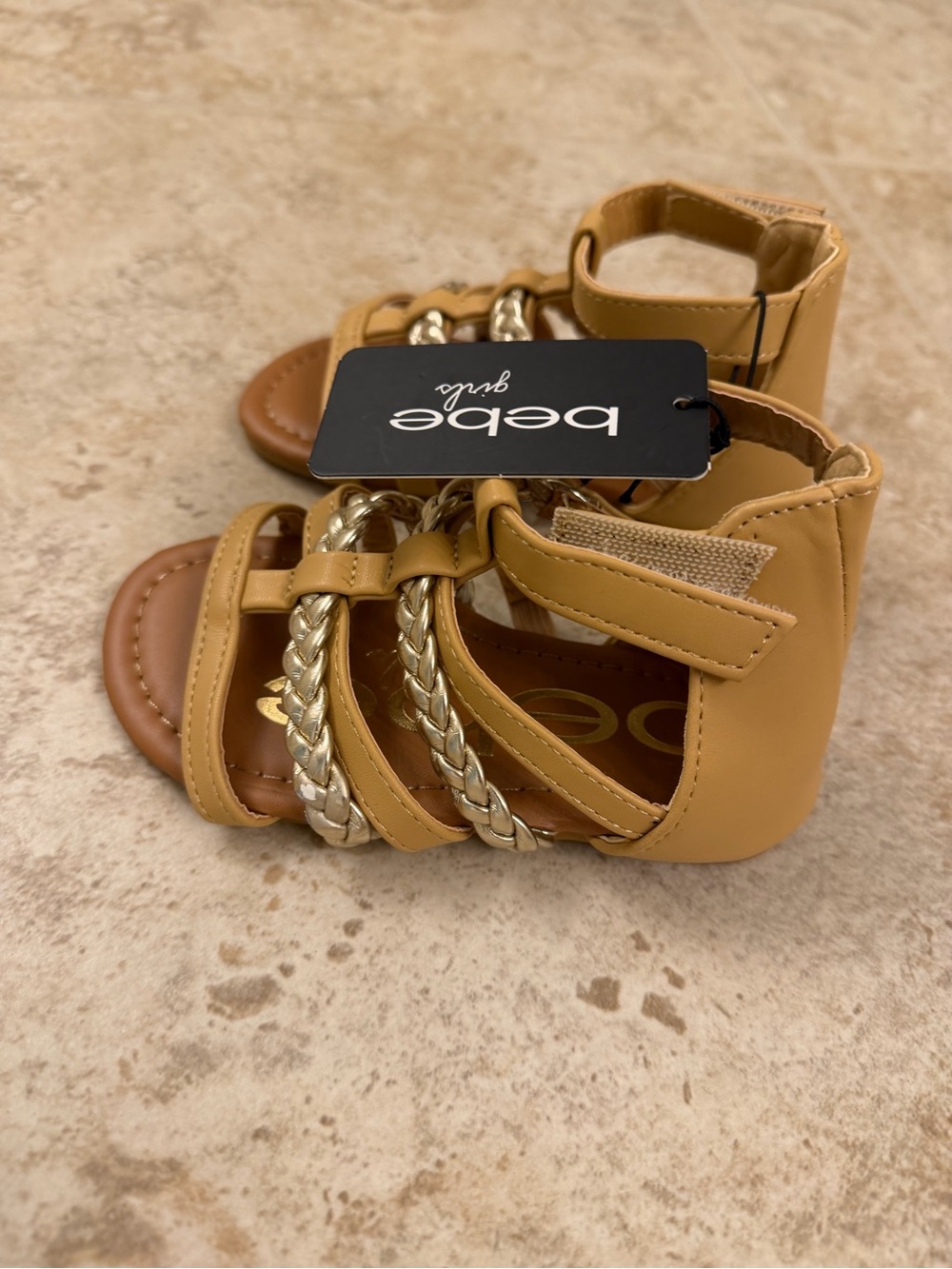 NWT Bebe Girls Tan Gladiator Sandals Gold Braided Sz 8